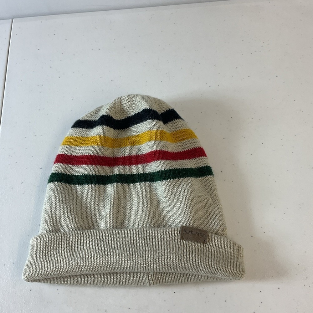 Pendleton Glacier Stripe‎ Beanie Hat Knit Acrylic Nylon Wool Blend Beige